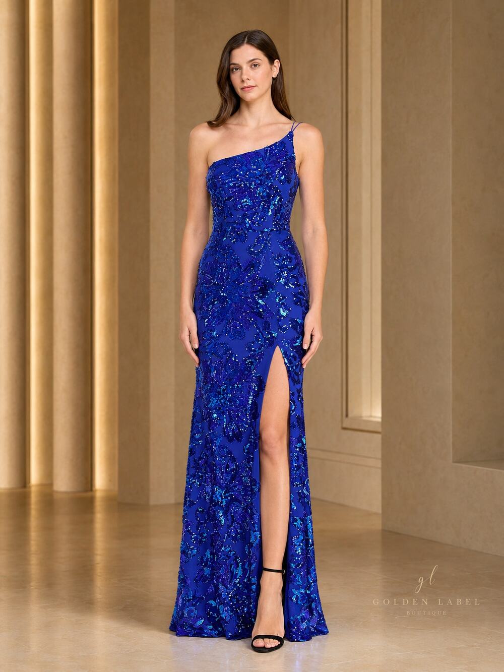 Crystal Doll Cobalt Blue Sequin One Shoulder Formal Gown Juniors 13 NWT